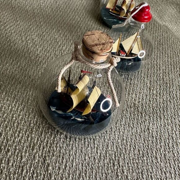 Ship in a bottle glass ball ornaments sailboat on the sea round Set of 3 - Picture 2 of 9